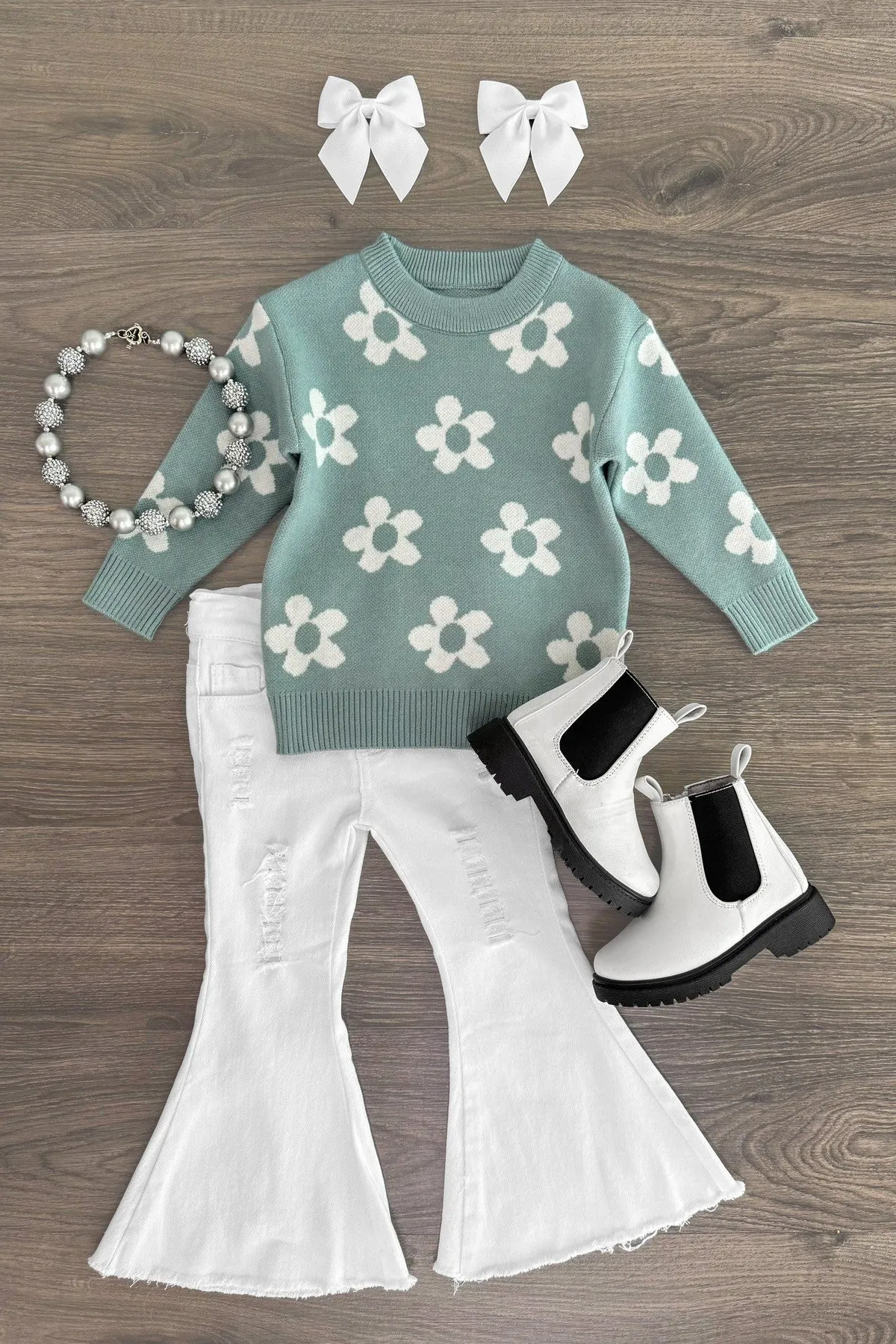 Teal Floral Sweater Denim Bell Bottom Set