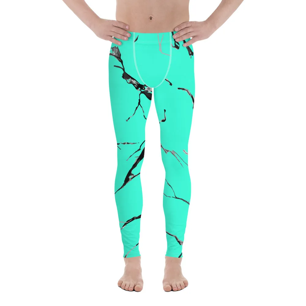 Turquoise Blue Marble Print Meggings, Sexy Neon Clothing Men's Leggings- Made in USA/ EU