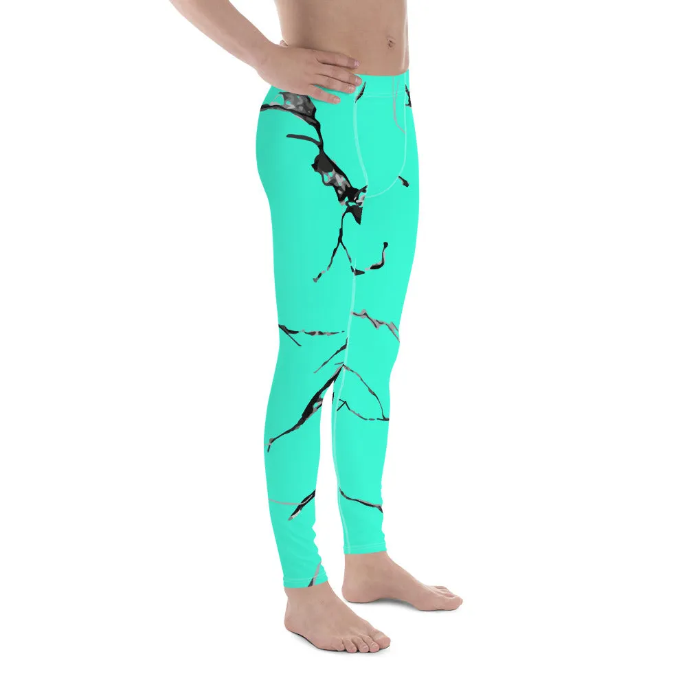 Turquoise Blue Marble Print Meggings, Sexy Neon Clothing Men's Leggings- Made in USA/ EU