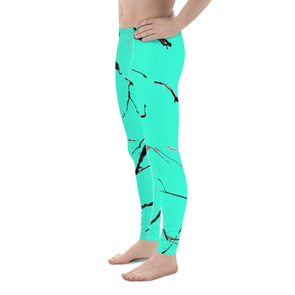 Turquoise Blue Marble Print Meggings, Sexy Neon Clothing Men's Leggings- Made in USA/ EU