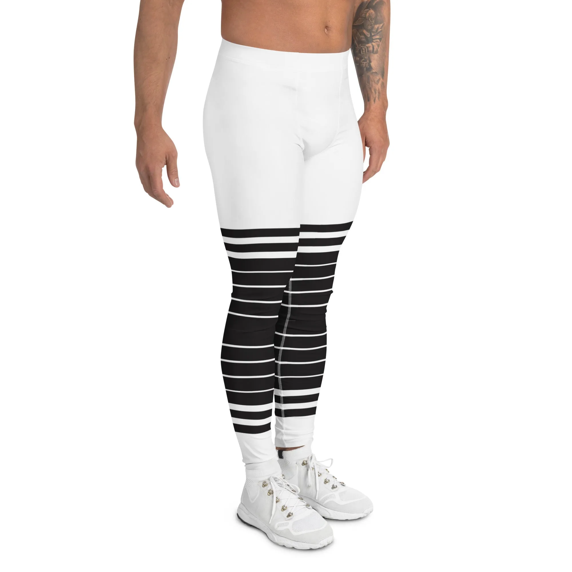 White Black Striped Horizontal Meggings, Best Sexy Men's Leggings Compression Tights For Men - Made in USA/EU/MX