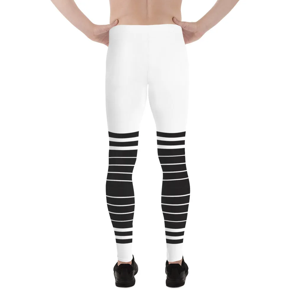 White Black Striped Horizontal Meggings, Best Sexy Men's Leggings Compression Tights For Men - Made in USA/EU/MX