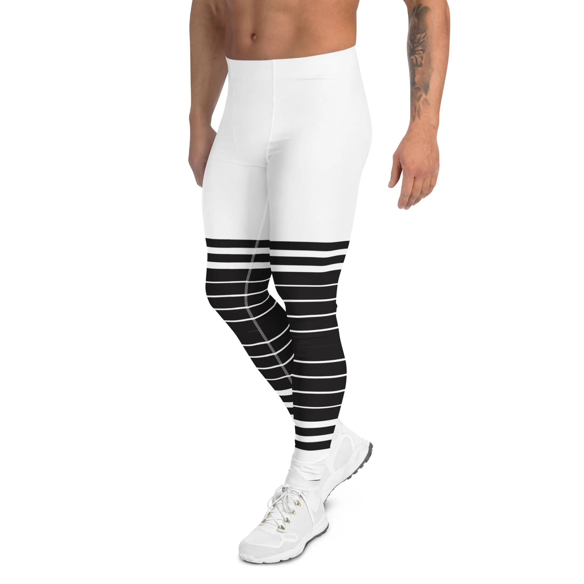 White Black Striped Horizontal Meggings, Best Sexy Men's Leggings Compression Tights For Men - Made in USA/EU/MX