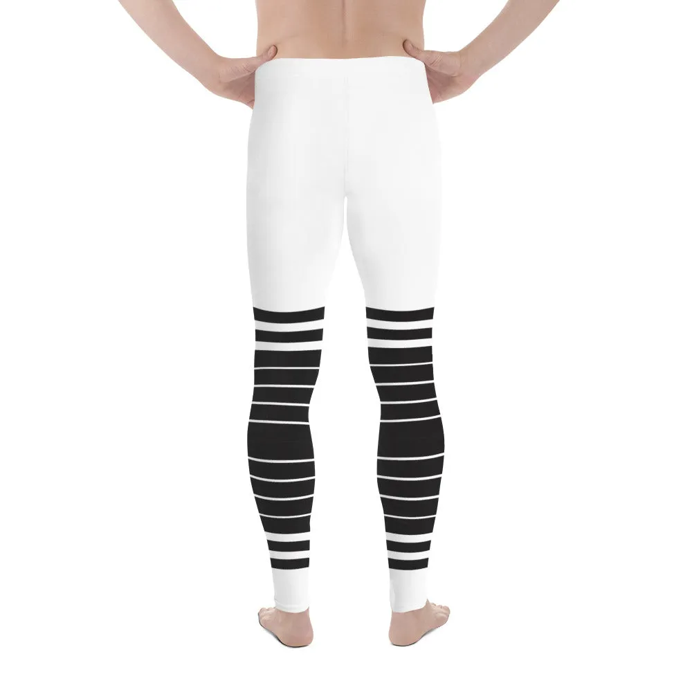 White Black Striped Horizontal Meggings, Best Sexy Men's Leggings Compression Tights For Men - Made in USA/EU/MX