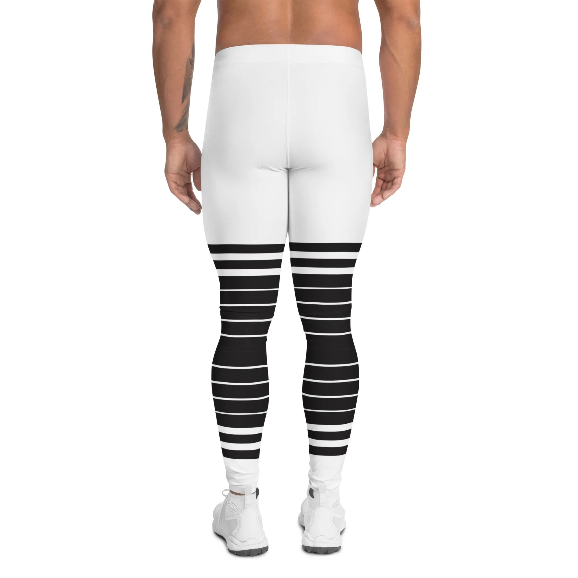 White Black Striped Horizontal Meggings, Best Sexy Men's Leggings Compression Tights For Men - Made in USA/EU/MX