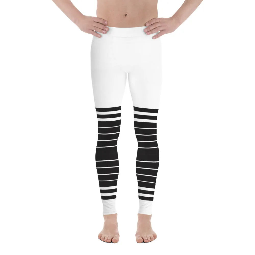 White Black Striped Horizontal Meggings, Best Sexy Men's Leggings Compression Tights For Men - Made in USA/EU/MX