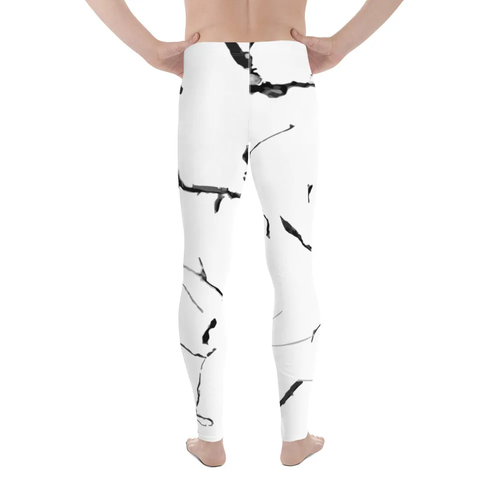 White Marble Print Meggings, White Marble Sexy Men's Leggings Workout Tights- Made in USA/EU