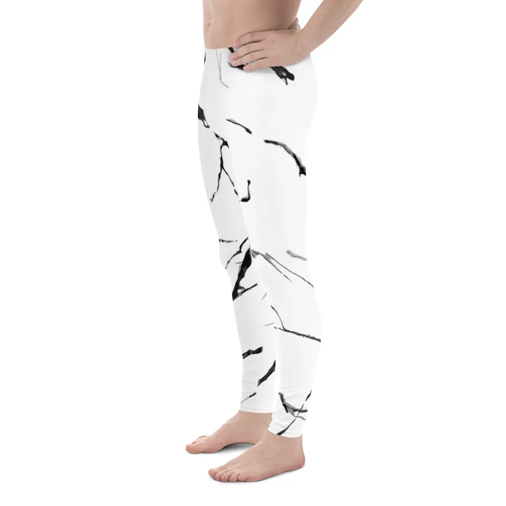 White Marble Print Meggings, White Marble Sexy Men's Leggings Workout Tights- Made in USA/EU