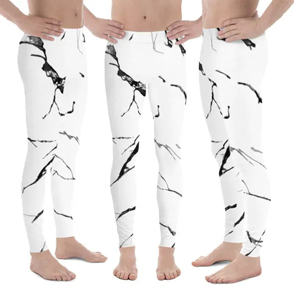 White Marble Print Meggings, White Marble Sexy Men's Leggings Workout Tights- Made in USA/EU