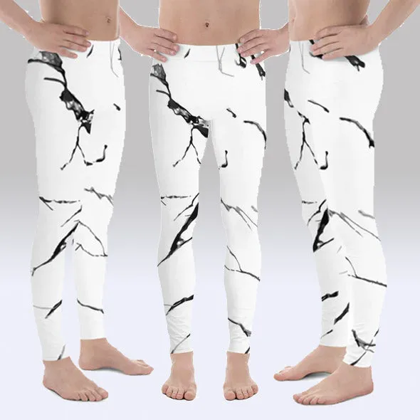 White Marble Print Meggings, White Marble Sexy Men's Leggings Workout Tights- Made in USA/EU