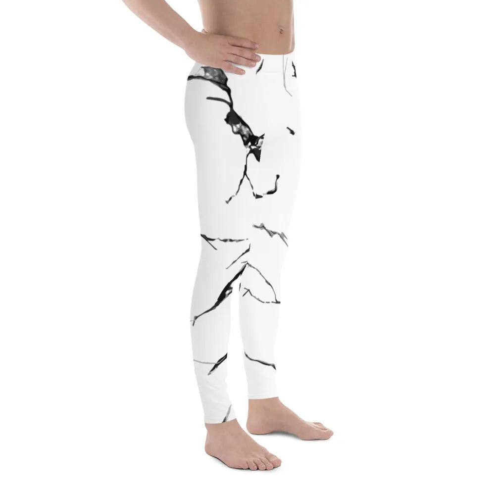 White Marble Print Meggings, White Marble Sexy Men's Leggings Workout Tights- Made in USA/EU