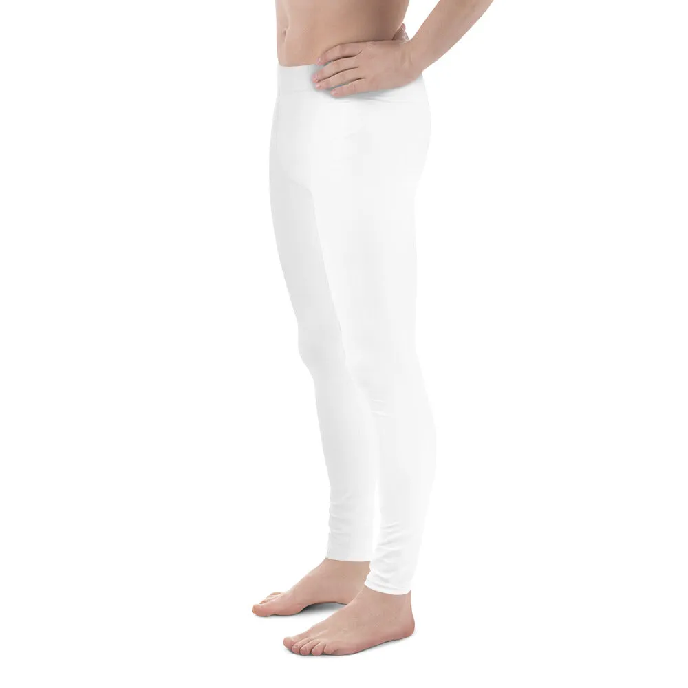 White Solid Color Men's Leggings, Solid White Color Premium Modern Minimalist Meggings-Made in USA/EU/MX