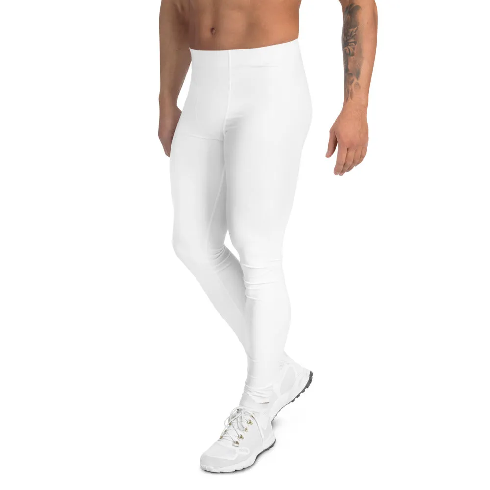 White Solid Color Men's Leggings, Solid White Color Premium Modern Minimalist Meggings-Made in USA/EU/MX