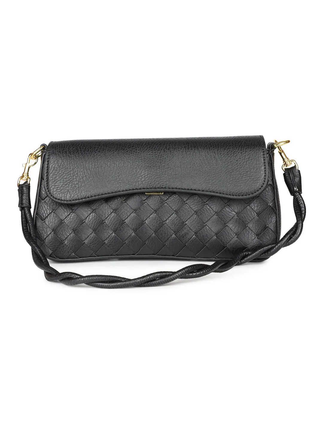 Women Black Woven Textured Sling Bag