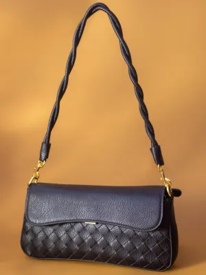 Women Black Woven Textured Sling Bag