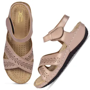 XE Looks Doctor Sole Laser Cut Cross Strap Sandals For Women (Gold, numeric_10)