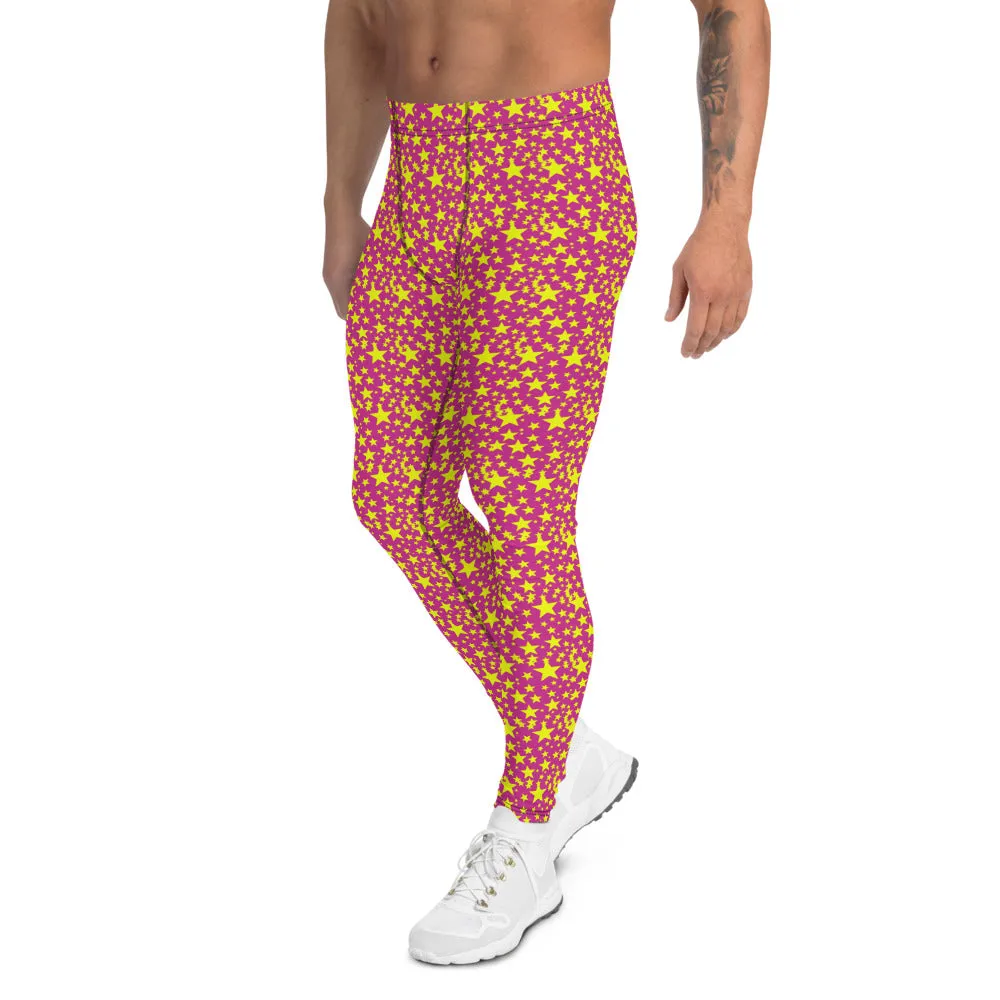 Yellow Star Pink Men's Leggings, Sexy Starry Night Sexy Tights Meggings-Made in USA/EU