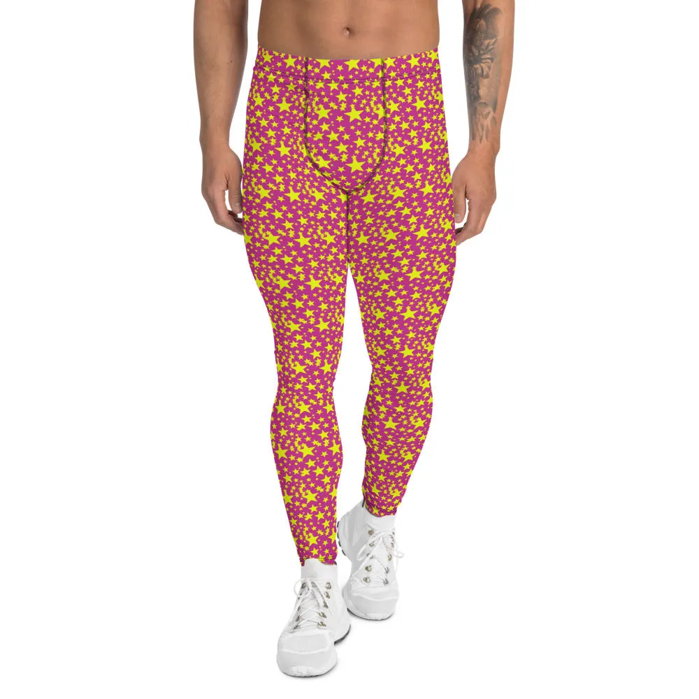 Yellow Star Pink Men's Leggings, Sexy Starry Night Sexy Tights Meggings-Made in USA/EU