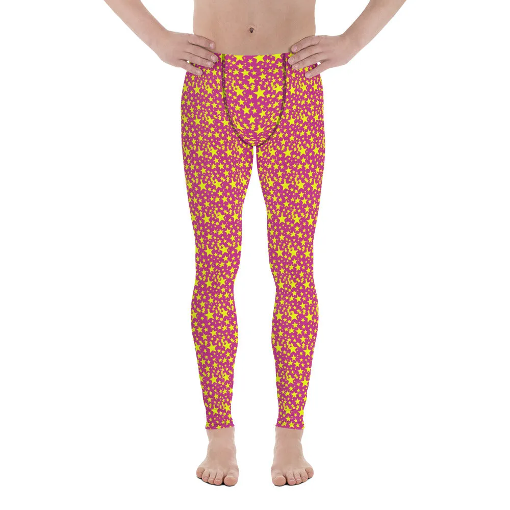 Yellow Star Pink Men's Leggings, Sexy Starry Night Sexy Tights Meggings-Made in USA/EU