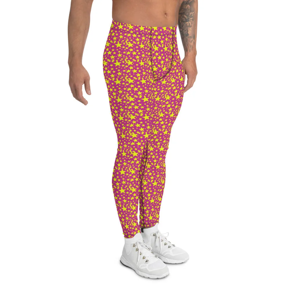 Yellow Star Pink Men's Leggings, Sexy Starry Night Sexy Tights Meggings-Made in USA/EU