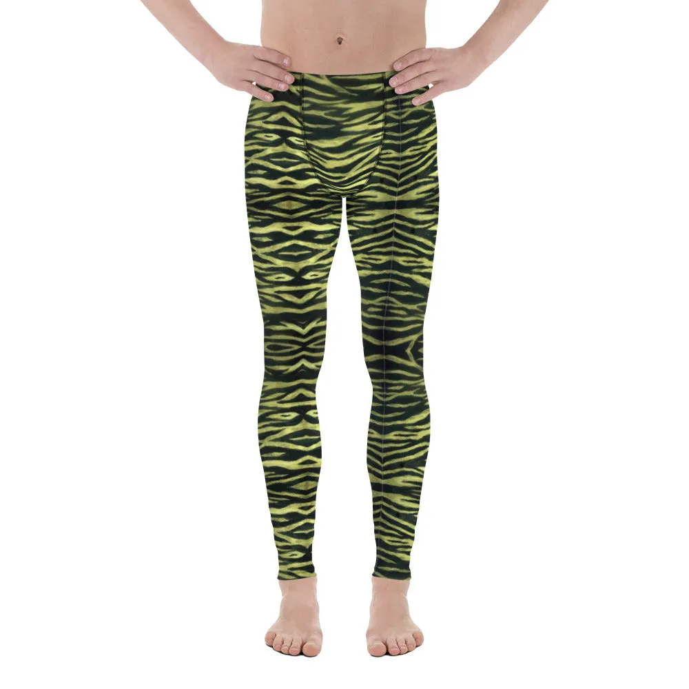 Yellow Tiger Striped Men's Leggings, Animal Print Wild Festival Party Meggings-Made in USA/EU/MX