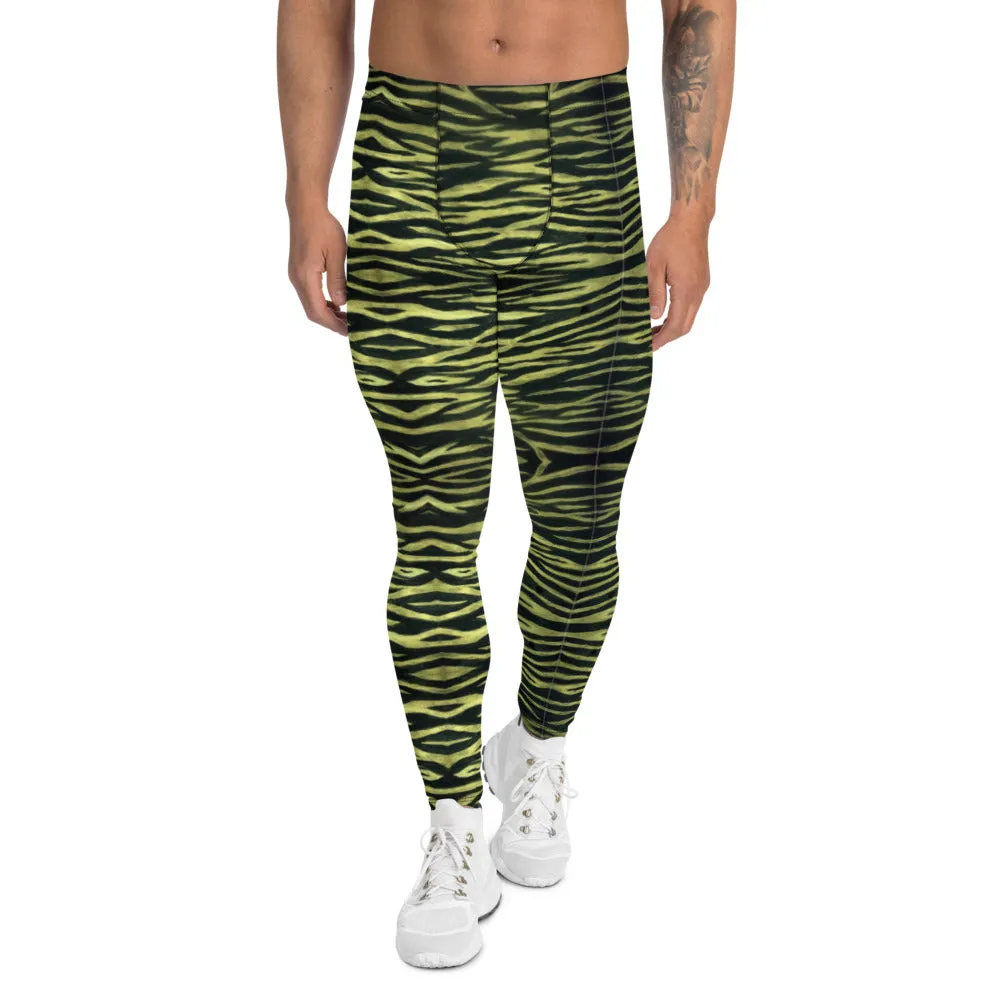 Yellow Tiger Striped Men's Leggings, Animal Print Wild Festival Party Meggings-Made in USA/EU/MX