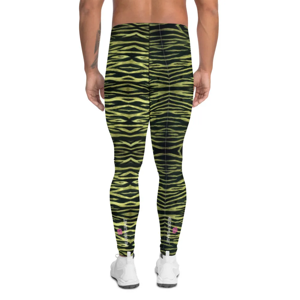 Yellow Tiger Striped Men's Leggings, Animal Print Wild Festival Party Meggings-Made in USA/EU/MX