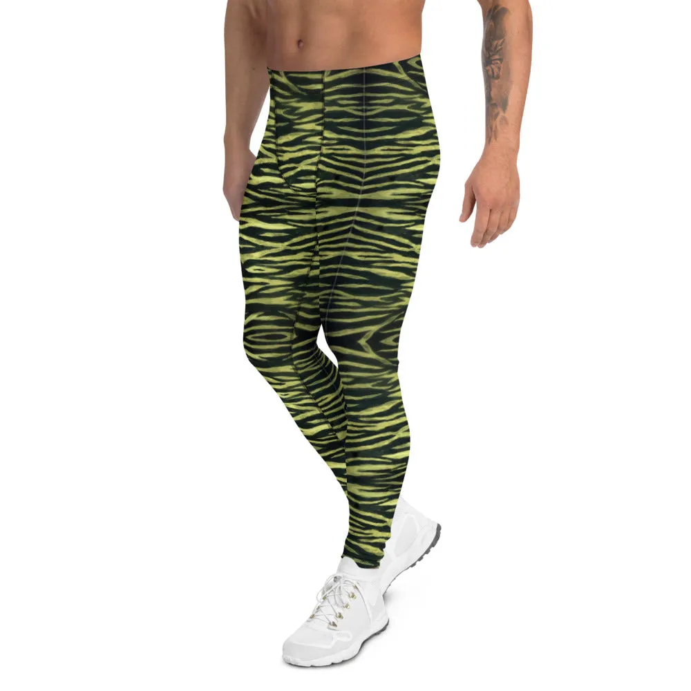 Yellow Tiger Striped Men's Leggings, Animal Print Wild Festival Party Meggings-Made in USA/EU/MX