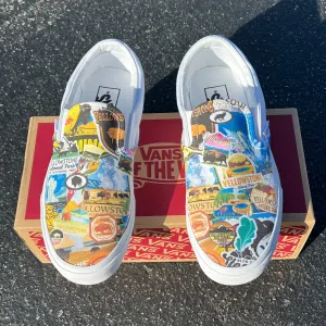 Yellowstone National Park - Custom Vans White Slip On Shoes